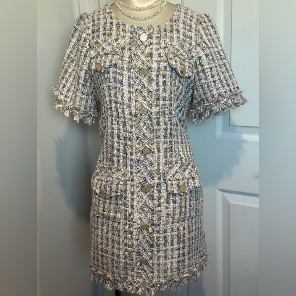 Chic Tweed Dress - Cream and Gray